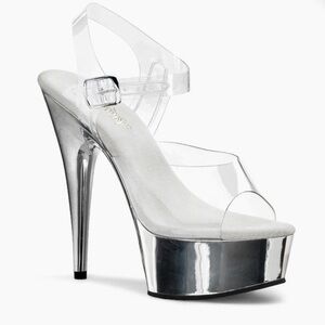 PLEASER Chrome Delight Sandals Clear Ankle Strap Platform Stiletto Size 5 In Box